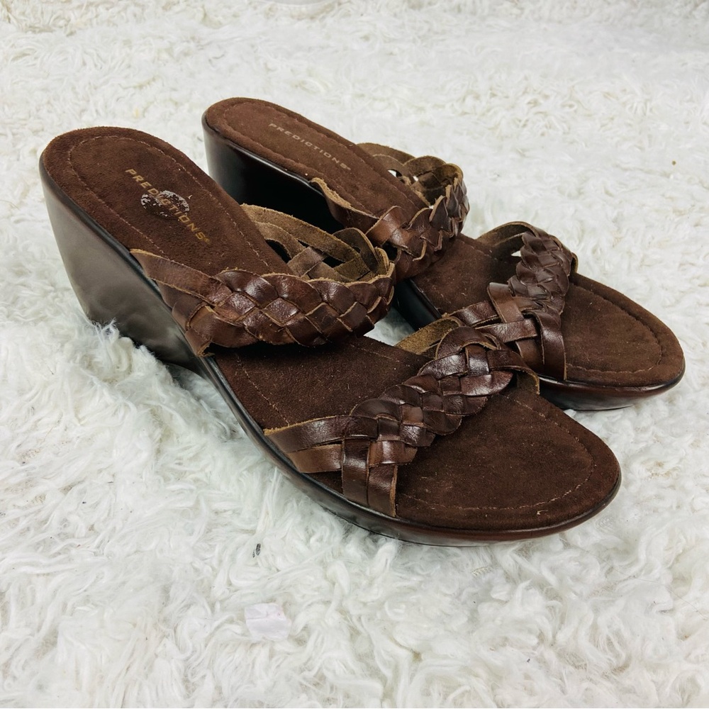 Predictions Dark Brown leather Braided open toe Wedges size 9
